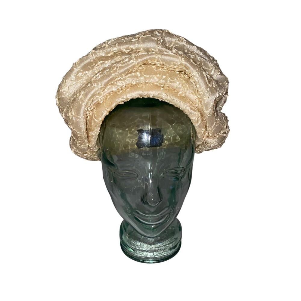 Vintage 1950s Sara Sue Champagne Textured Ruched Pillbox Hat feminine romantic